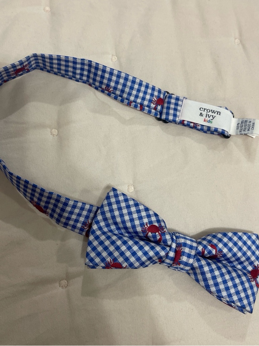 crown & ivy Blue Gingham Bow Tie with Red Crab Motif